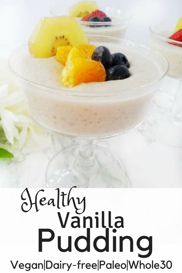 This Vegan Vanilla Pudding would reminds your of the old fashioned pudding, you grew up with. It's healthy, dairy-free,corn-free, and refined-sugar free. It's super easy to make and contains only 4 ingredients. It's delicious on it's own or can be used as a custard filling for pies or fruit tarts. #vanillapudding #glutenfreedessert #veganpudding #dairyfreepudding #healthyvanillapudding #easyvanillapudding #sugarfreevanillapudding #paleodessert #vegandessert #whole30dessert #glutenfreevegan