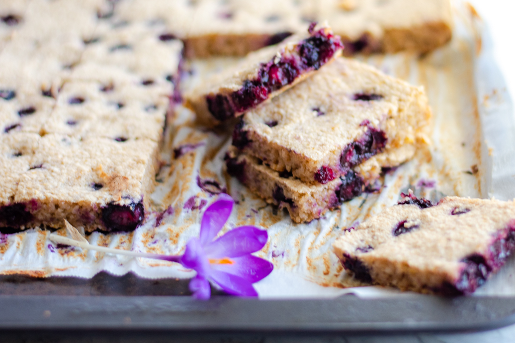 Blueberry breakfast bars on a pan