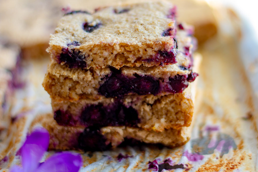 Four Blueberry Breakfast bars stacked on top of each other