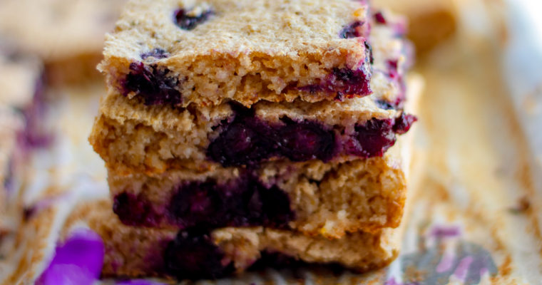 Four Blueberry Breakfast bars stacked on top of each other