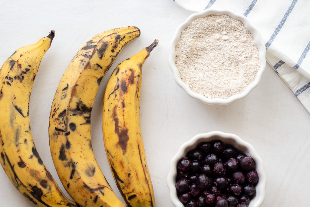 Ingredients for Healthy Blueberry Breakfast Bars: plantains, blueberries, and rice flour