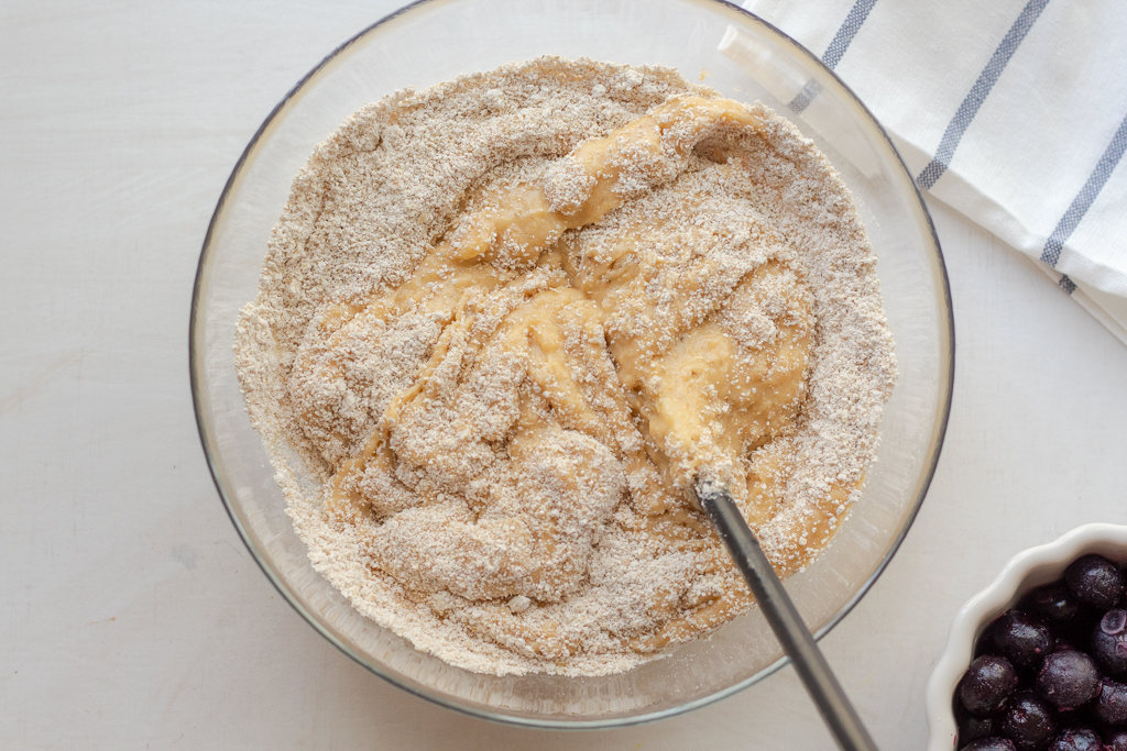 Adding rice flour to plantain mixture