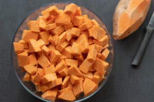 Cut up sweet potatoes in small cubes