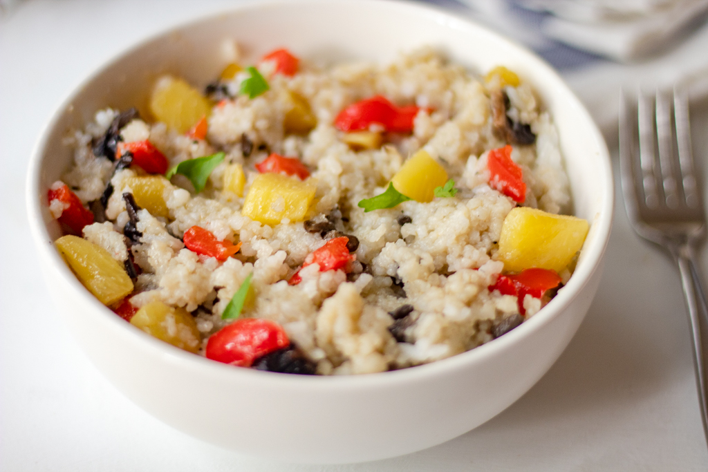 A white bowl with Thai Pineapple Fried Rice