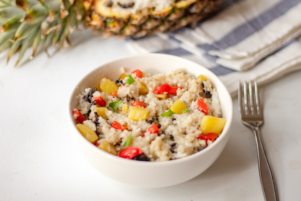 A white bowl with Thai Pineapple Fried Rice