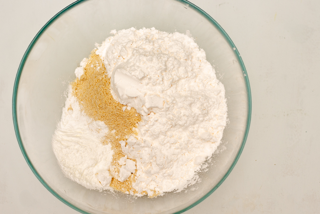 Bowl with Sorghum flour, arrowroot powder, baking soda and baking powder
