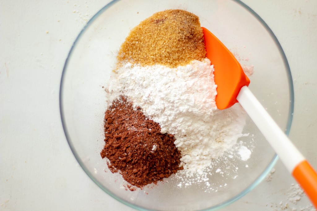 A bowl with flour, sugar and cocoa