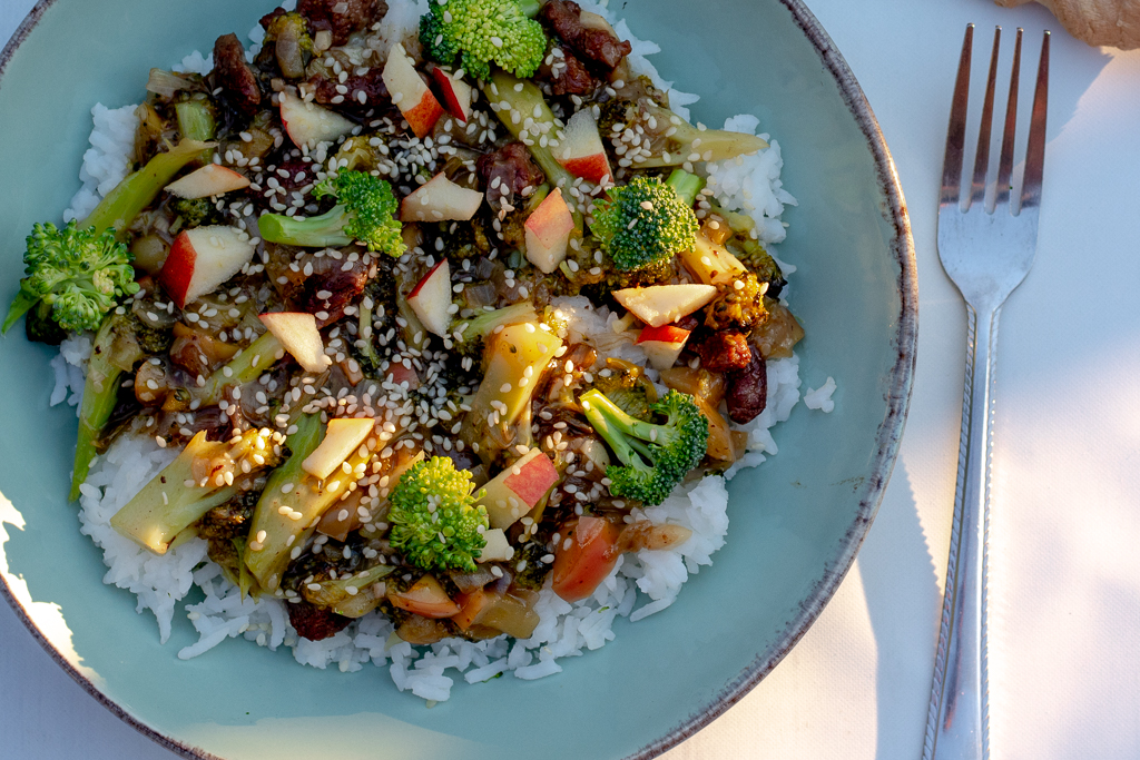 Plate with Mongolian Beef and Broccoli over rice