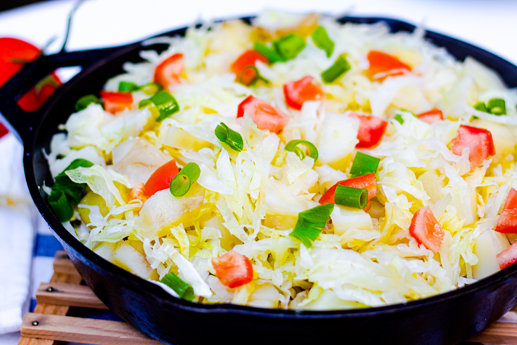 Healthy Fried Cabbage and Potatoes in a skillet