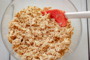 A bowl with oats,sugar, and oat flour and water for the topping of the apple crisp