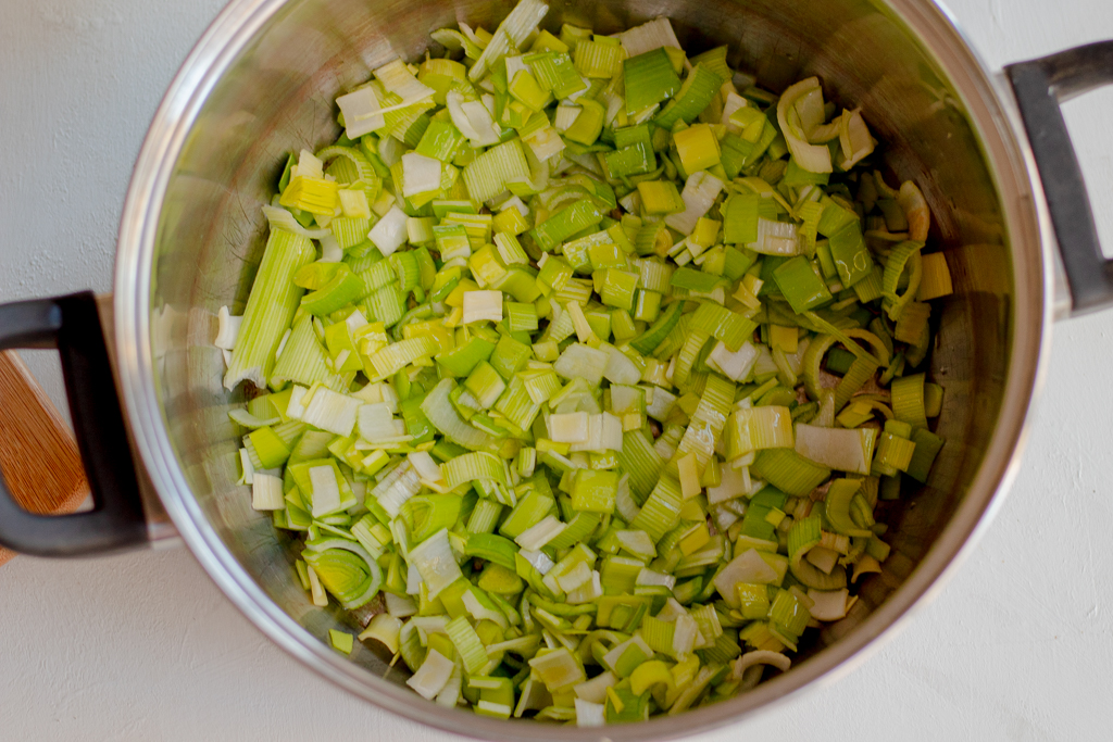 A saucepan with cut up leeks