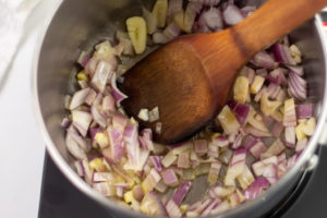 sauteing onion and garlic in a saucerpan