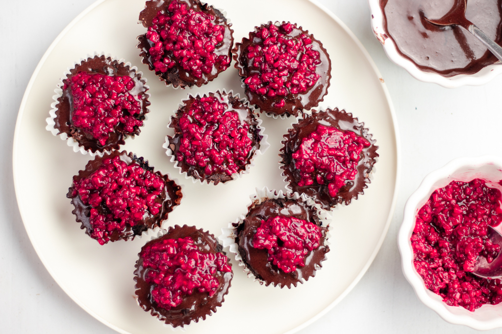 CHOCOLATE BLUEBERRY PALEO CUPCAKES WITH CHOCOLATE GANACHE AND RASPBERRY TOPPING (AIP, VEGAN, GLUTEN-FREE)