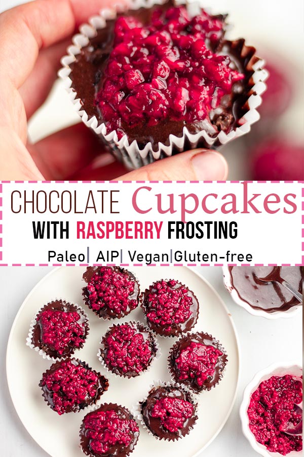 These Chocolate Blueberry Cupcakes made with delicious chocolate ganache and raspberry topping are perfect for birthdays, Valentine's Day or any other special occasion. They are AIP, Paleo, Vegan, Gluten-free, Dairy-free, Egg-free, Soy-free, Grain-free
