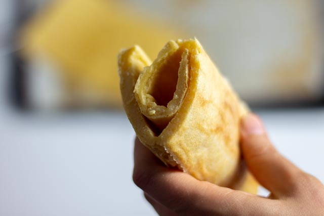 someone holding rolled gluten-free flatbread 